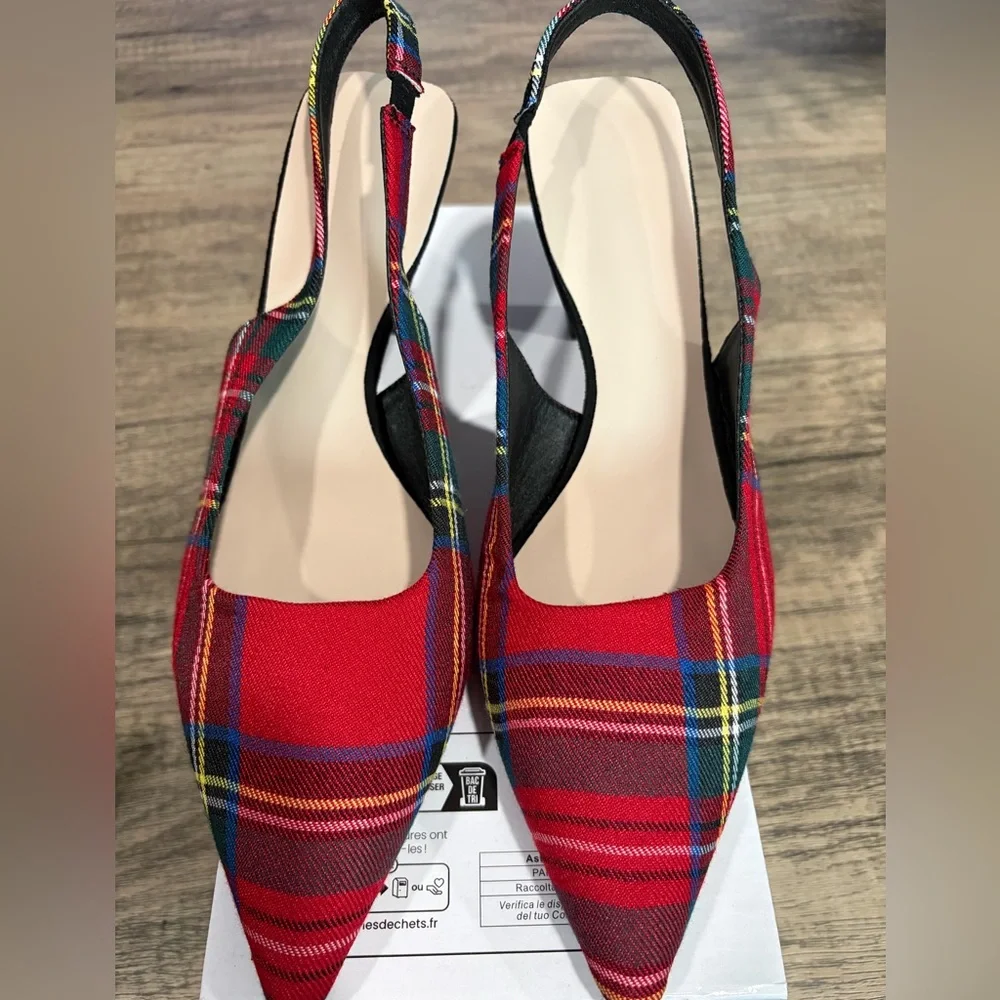 Plaid Red Slingback Heels - Picture 1 of 5
